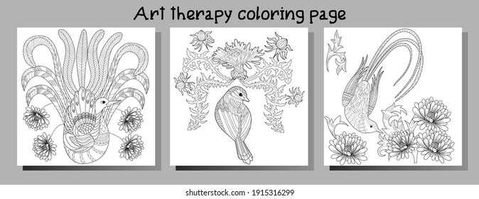 Art therapy coloring page. Birds hand drawn in vintage style with flowers. Linear engraved art. Bird concept. Romantic concept.