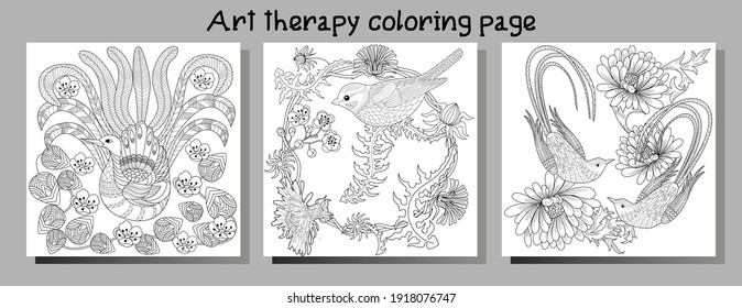 Art therapy coloring page. Birds hand drawn in vintage style with flowers. Linear engraved art. Bird concept. Romantic concept.