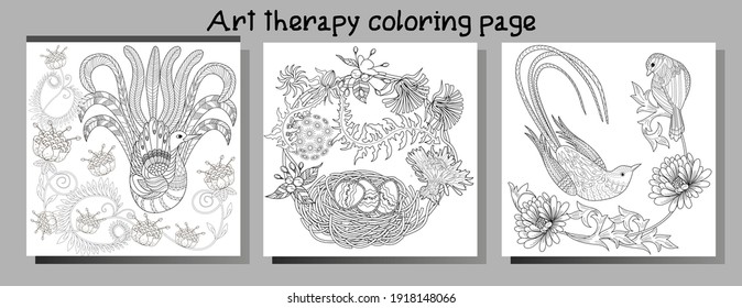 Art therapy coloring page. Birds hand drawn in vintage style with flowers. Linear engraved art. Bird concept. Romantic concept. - Shutterstock ID 1918148066