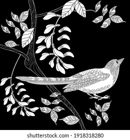 Art therapy coloring page. Birds hand drawn in vintage style with flowers. Magpie and flowers. The art of linear engraving. Bird concept. Romantic concept.