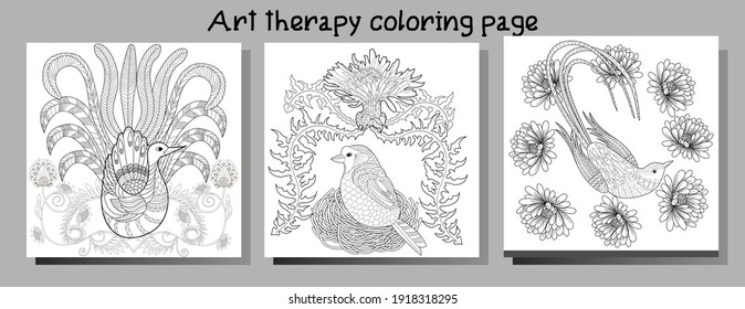 Art therapy coloring page. Birds hand drawn in vintage style with flowers. Linear engraved art. Bird concept. Romantic concept.