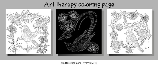 Art therapy coloring page. Birds hand drawn in vintage style with flowers. Antistress freehand sketch drawing with doodle and zentangle elements.