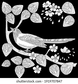 Art therapy coloring page. Birds hand drawn in vintage style with flowers. Magpie and flowers. The art of linear engraving. Bird concept. Romantic concept. 