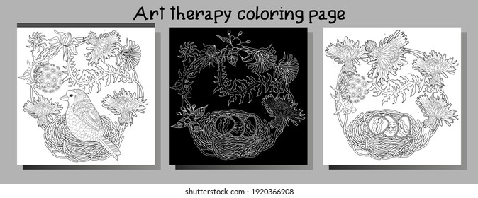 Art therapy coloring page. Birds hand drawn in vintage style with flowers. Antistress freehand sketch drawing with doodle and zentangle elements.