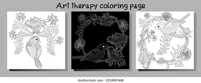 Art therapy coloring page. Birds hand drawn in vintage style with flowers. Antistress freehand sketch drawing with doodle and zentangle elements.