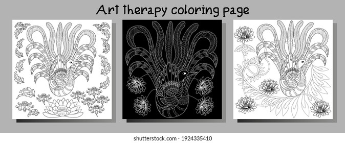 Art therapy coloring page. Birds hand drawn in vintage style with flowers. Antistress freehand sketch drawing with doodle and zentangle elements.