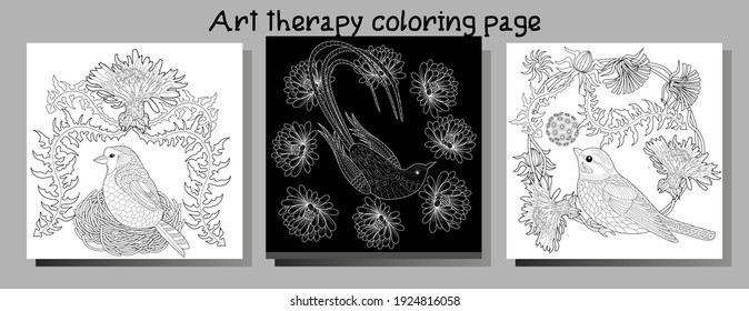 Art therapy coloring page. Birds hand drawn in vintage style with flowers. Antistress freehand sketch drawing with doodle and zentangle elements.