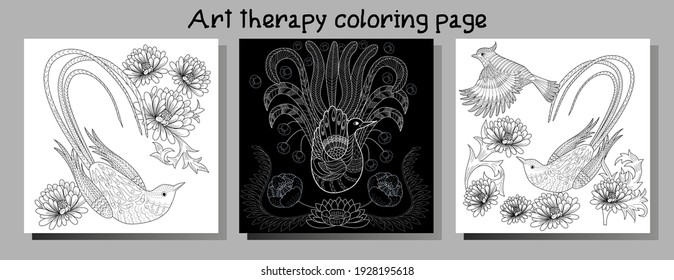 Art therapy coloring page. Birds hand drawn in vintage style with flowers. Antistress freehand sketch drawing with doodle and zentangle elements.