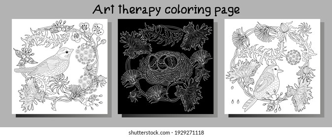 Art therapy coloring page. Birds hand drawn in vintage style with flowers. Antistress freehand sketch drawing with doodle and zentangle elements.