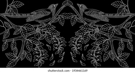 Art therapy coloring page. Birds hand drawn in vintage style with flowers. Magpie and flowers. The art of linear engraving. Bird concept. Romantic concept. 