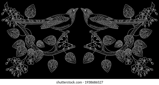 Art therapy coloring page. Birds hand drawn in vintage style with flowers. Magpie and flowers. The art of linear engraving. Bird concept. Romantic concept. 