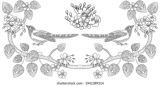 Art therapy coloring page. Birds hand drawn in vintage style with flowers. Magpie and flowers. The art of linear engraving. Bird concept. Romantic concept. 