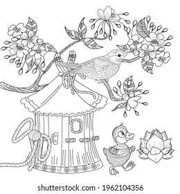 Art therapy coloring page. Birds hand drawn in vintage style with flowers. Duck and blossom branches of cherry. Linear engraved art. Bird concept. Romantic concept.