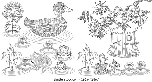 Art therapy coloring page. Birds hand drawn in vintage style with flowers. Duck and blossom branches of cherry. Linear engraved art. Bird concept. Romantic concept. 