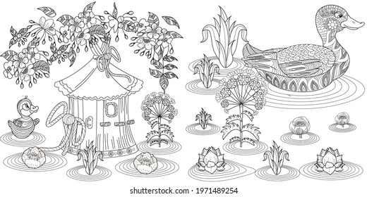 Art therapy coloring page. Birds hand drawn in vintage style with flowers. Duck and blossom branches of cherry. Linear engraved art. Bird concept. Romantic concept.