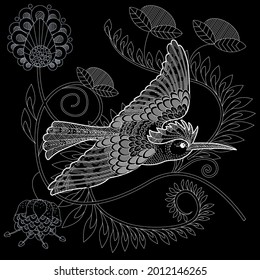 Art therapy coloring page. Birds hand drawn in vintage style with flowers. Hoopoe and flowers. The art of linear engraving. Bird concept. Antistress freehand sketch drawing with doodle
