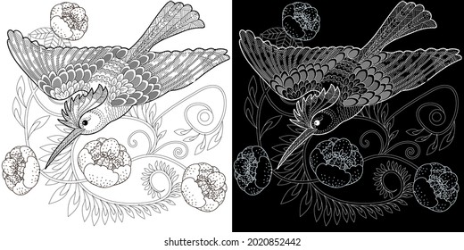 Art therapy coloring page. Birds hand drawn in vintage style with flowers. Hoopoe and flowers. The art of linear engraving. Bird concept. Antistress freehand sketch drawing 