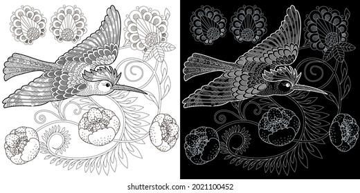 Art therapy coloring page. Birds hand drawn in vintage style with flowers. Hoopoe and flowers. The art of linear engraving. Bird concept. Antistress freehand sketch drawing 