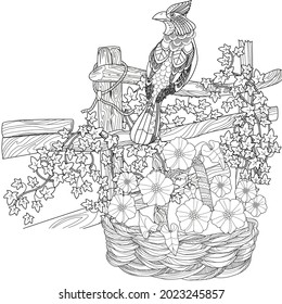 Art therapy coloring page. Birds hand drawn in vintage style with flowers. Linear engraved art. Bird concept. Romantic concept. 