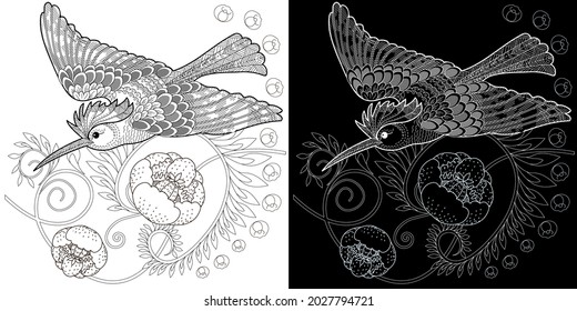 Art therapy coloring page. Birds hand drawn in vintage style with flowers. Hoopoe and flowers. The art of linear engraving. Bird concept. Antistress freehand sketch drawing with doodle