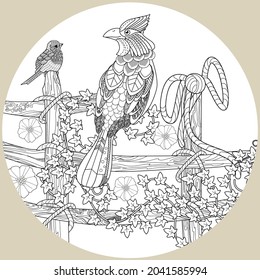 Art therapy coloring page. Birds hand drawn in vintage style with flowers. Waxwing and flowers. The art of linear engraving. Bird concept. Romantic concept. 