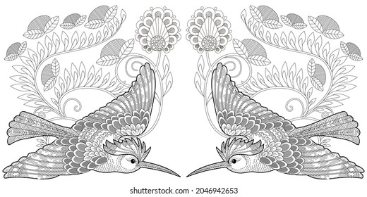 Art therapy coloring page. Birds hand drawn in vintage style with flowers. Hoopoe and flowers. The art of linear engraving. Bird concept. Antistress freehand sketch drawing with doodle and zentangle e