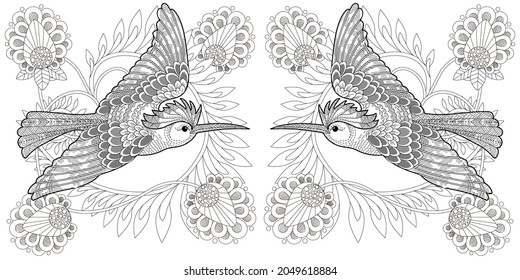 Art therapy coloring page. Birds hand drawn in vintage style with flowers. Hoopoe and flowers. The art of linear engraving. Antistress freehand sketch drawing with doodle and zentangle elements.