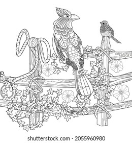 Art therapy coloring page. Birds hand drawn in vintage style with flowers. Waxwing and flowers. The art of linear engraving. Bird concept. Romantic concept. 