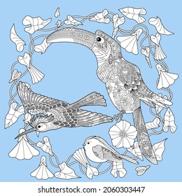 Art therapy coloring page. Birds hand drawn in vintage style with flowers. Toucan and flowers. The art of linear engraving. Romantic concept. 