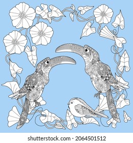 Art therapy coloring page. Birds hand drawn in vintage style with flowers. Toucan and flowers. The art of linear engraving. Romantic concept. 