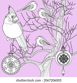 Art therapy coloring page. Birds hand drawn in vintage style. The art of linear engraving. Romantic concept. Cute background for wallpaper, gift paper, pattern fills, textile, greetings cards 