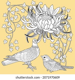 Art therapy coloring page. Birds hand drawn in vintage style with chrysanthemum. Linear engraved art. Bird concept. Romantic concept.