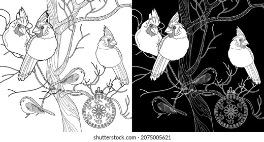 Art therapy coloring page. Birds hand drawn in vintage style. The art of linear engraving. Romantic concept. Cute background for wallpaper, gift paper, pattern fills, textile, greetings cards 