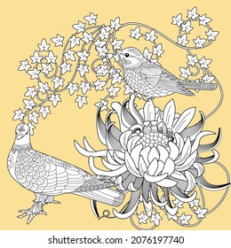 Art therapy coloring page. Birds hand drawn in vintage style with flowers. Antistress freehand sketch drawing with doodle and zentangle elements.