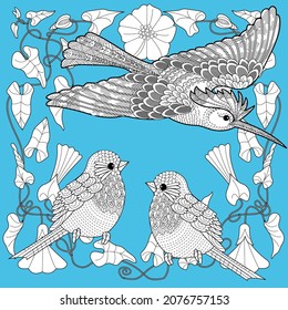 Art therapy coloring page. Birds hand drawn in vintage style with flowers. Hoopoe and flowers. The art of linear engraving. Antistress freehand sketch drawing with doodle and zentangle elements.