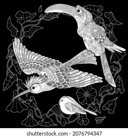 Art therapy coloring page. Birds hand drawn in vintage style with flowers. Toucan and flowers. The art of linear engraving. Romantic concept.