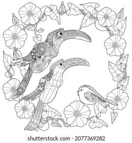 Art therapy coloring page. Birds hand drawn in vintage style with flowers. Toucan and flowers. The art of linear engraving. Romantic concept.