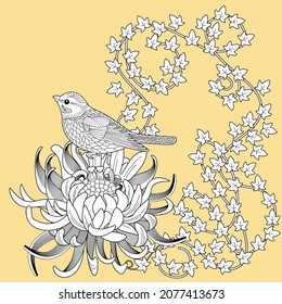 Art therapy coloring page. Birds hand drawn in vintage style with flowers. Antistress freehand sketch drawing with doodle and zentangle elements.