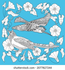 Art therapy coloring page. Birds hand drawn in vintage style with flowers. Hoopoe and flowers. The art of linear engraving. Antistress freehand sketch drawing with doodle and zentangle elements.