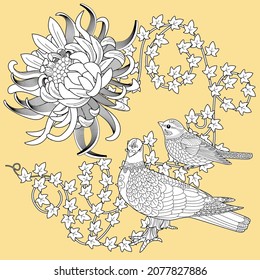 Art therapy coloring page. Birds hand drawn in vintage style with flowers. Antistress freehand sketch drawing with doodle and zentangle elements.