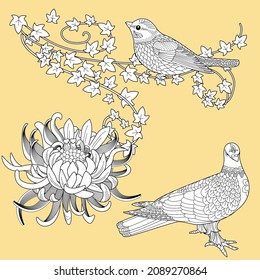 Art therapy coloring page. Birds hand drawn in vintage style. The art of linear engraving. Romantic concept. Cute background for wallpaper, gift paper, pattern fills, textile, greetings cards 