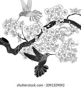 Art therapy coloring page. Birds and flowers hand drawn in vintage style . The art of linear engraving. Bird concept. Romantic concept.