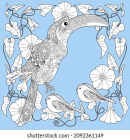 Art therapy coloring page. Birds and flowers hand drawn in vintage style . The art of linear engraving. Bird concept. Romantic concept.
