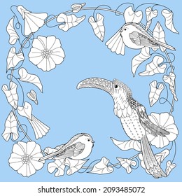 Art therapy coloring page. Birds hand drawn in vintage style with flowers. Waxwing and flowers. The art of linear engraving. Bird concept. Romantic concept.