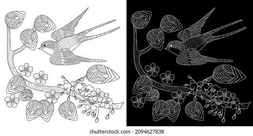 Art therapy coloring page. Birds hand drawn in vintage style with flowers. Waxwing and flowers. The art of linear engraving. Bird concept. Romantic concept.