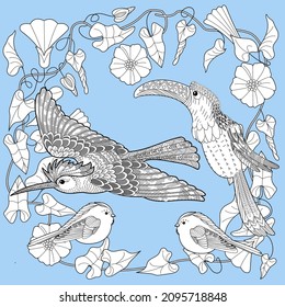 Art therapy coloring page. Birds hand drawn in vintage style with flowers. Waxwing and flowers. The art of linear engraving. Bird concept. Romantic concept.