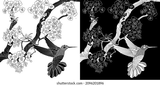 Art therapy coloring page. Birds and flowers hand drawn in vintage style . The art of linear engraving. Bird concept. Romantic concept.