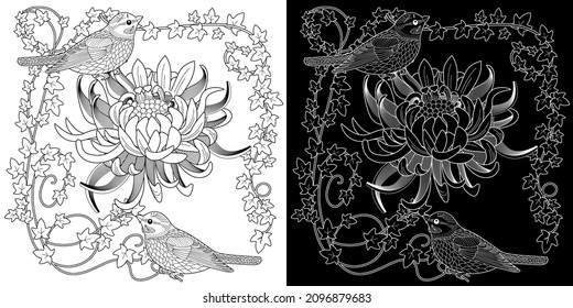 Art therapy coloring page. Birds and flowers hand drawn in vintage style . The art of linear engraving. Bird concept. Romantic concept.