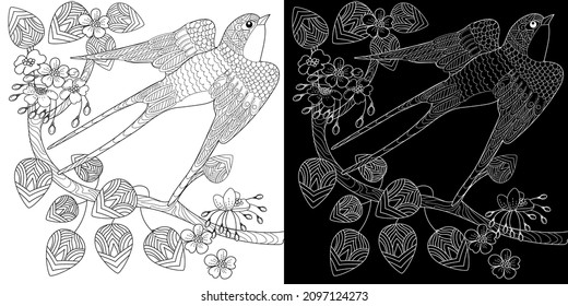 Art therapy coloring page. Birds and flowers hand drawn in vintage style . The art of linear engraving. Bird concept. Romantic concept.