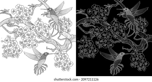 Art therapy coloring page. Birds and flowers hand drawn in vintage style . The art of linear engraving. Bird concept. Romantic concept.